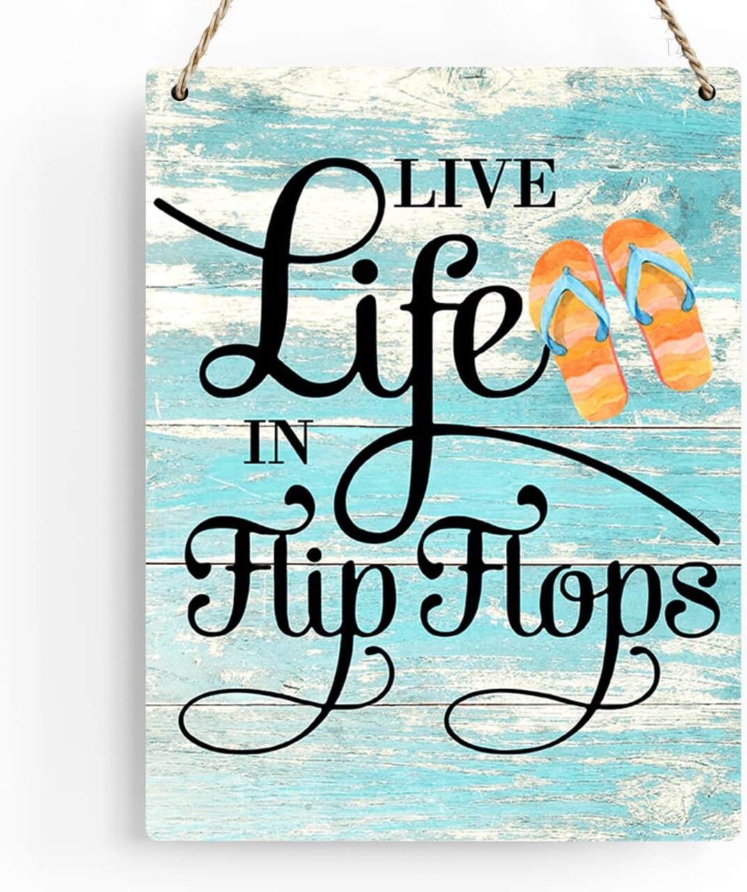 Rustic "Live Life in Flip Flops" Wooden Hanging Sign – Farmhouse Beach House Wall Art, Summer Plaque Decor for Pool and Home (8 x 10 Inches)